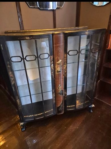 Vintage  Turnige Chinoiserie locking ebonised handpainted cabinet 3 tiers