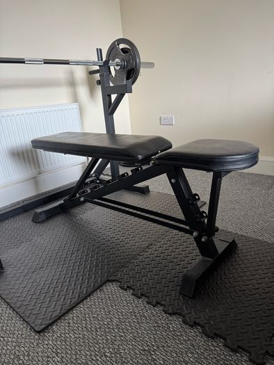 Bench press, squat rack, weights