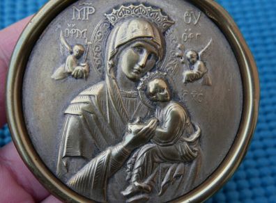 Vintage Our Lady of Perpetual Help Madonna Jesus Religious Icon Brass Medallion