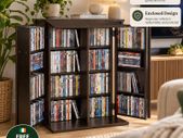 4 Tier Media Storage Cabinet Bookcase with Doors CD DVD Book and Game Storage Organiser Rustic Brown