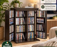 4 Tier Media Storage Cabinet Bookcase with Doors CD DVD Book and Game Storage Organiser Rustic Brown