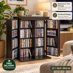 4 Tier Media Storage Cabinet Bookcase with Doors CD DVD Book and Game Storage Organiser Rustic Brown