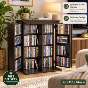 4 Tier Media Storage Cabinet Bookcase with Doors CD DVD Book and Game Storage Organiser Rustic Brown