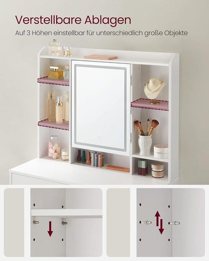 Led Dressing Table with Lighting, Mirror with LED, 2 Drawers with Adjustable Shelves 3 Colours with Adjustable Brightness White