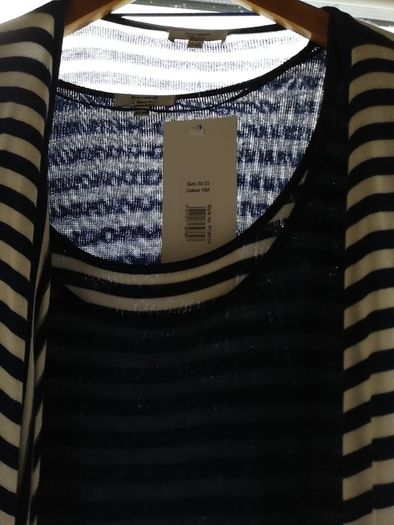 Ladies clothes. Personal Choice. 2 Piece. Inner top is sleeveless. Navy and White. Cardigan has lovely detail. As new. Never worn. Labels on. Size 20 > 22