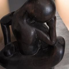 Large Vintage Hand Carved Ebony Wood Thinker Sculpture