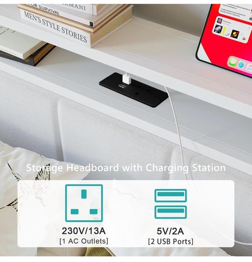 4FT6 Double Bed Frame with LED Lights and Charging Station, Heavy Duty Metal Platform Upholstered Bed frame with Storage Fabric Headboard,Metal Slats Support,Mattress Foundation (White)