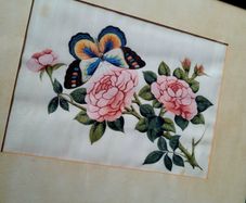 19th Century pair of chinese pith paper paintings "butterfly on bloom"