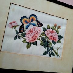 19th Century pair of chinese pith paper paintings "butterfly on bloom"