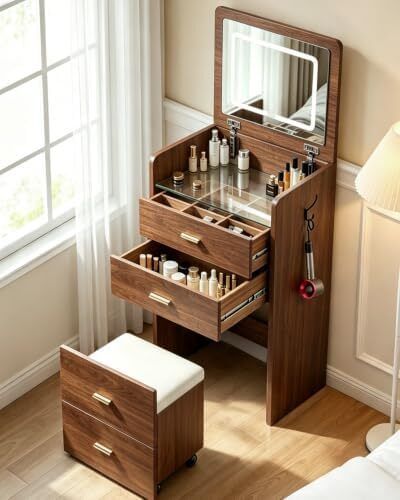 3 in 1 LED Slim Dressing Table with LED Lighting Brown