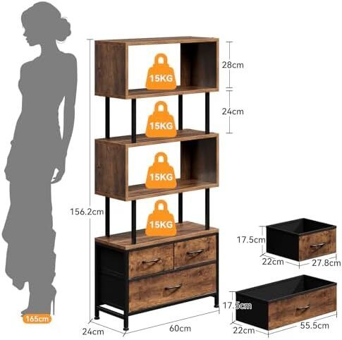 Vintage Bookcase,Shelf with 5 Levels,Standing Shelf with 3 Fabric Drawers, Shelf Slim
