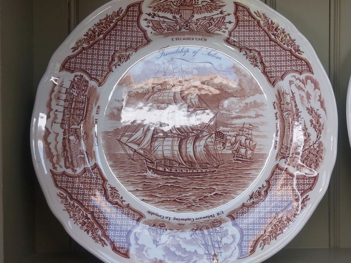 Vintage Set of Six Brown and White Fair Winds, Historical Scenes of Chinese Export to America - "The Friendship of Salem" Large Dinner Plates by Alfred Meakin