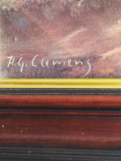 Framed print of oil painting COUNTRY COTTAGES By Clemens