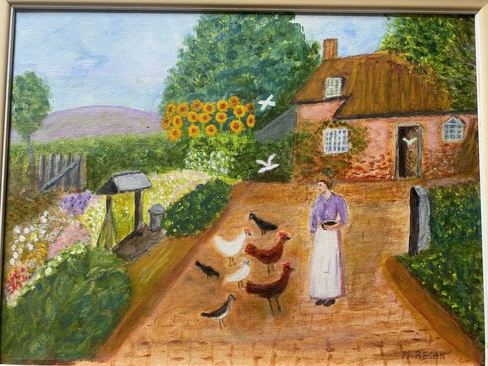 Original Naive Folk Art Painting Cottage Countryside Scene with Chickens by M. Regan