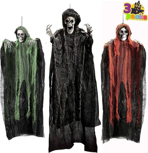 Halloween Hanging Grim Reapers 3 Pack One 47inch and Two 35inch Halloween Grim Reapers, Halloween Skeleton Flying Ghost for Haunted House Prop decor, Halloween Outdoor Indoor Decor