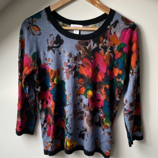 Kenar Blue Floral 100% Merino Wool Knit Jumper Sweater 3/4 Sleeve Size M UK 10