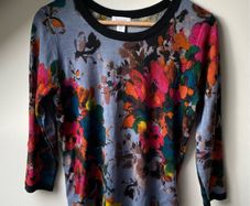 Kenar Blue Floral 100% Merino Wool Knit Jumper Sweater 3/4 Sleeve Size M UK 10