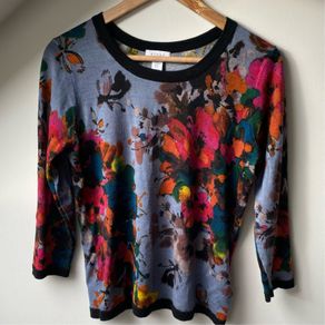 Kenar Blue Floral 100% Merino Wool Knit Jumper Sweater 3/4 Sleeve Size M UK 10