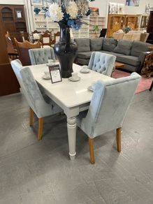 Marble Dining Table and 4 Blue Velvet Chairs