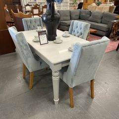 Marble Dining Table and 4 Blue Velvet Chairs
