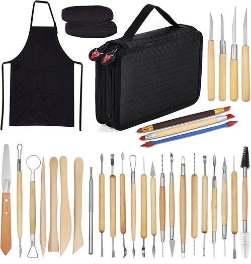 Clay Sculpting Tools,Set of 30 Pottery Tools Clay Modelling Tools Kit Wood Clay Carving Tools Set with Storage Bag,Apron and Sleeves