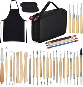 Clay Sculpting Tools,Set of 30 Pottery Tools Clay Modelling Tools Kit Wood Clay Carving Tools Set with Storage Bag,Apron and Sleeves