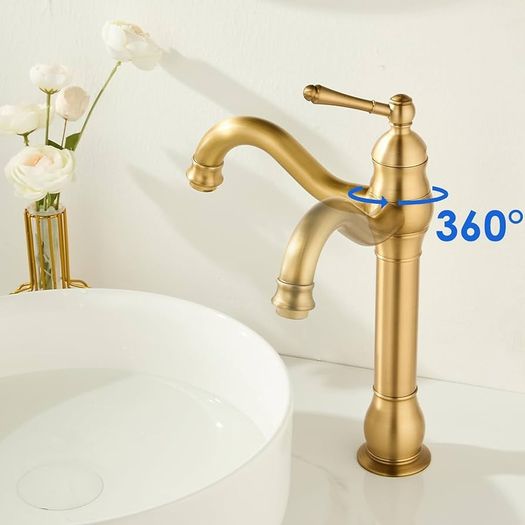 Antique Brass Vintage Retro Tall Tap for Bathroom Basin, High Rise Bathroom Sink Mixer Tap with 360 Swivel Spout, Brass Construction Basin Mixer Tap, Cloakroom Classic Countertop