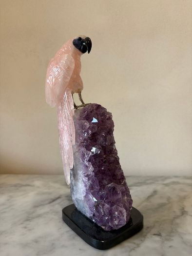 Rose Quartz Parrot on Large Amethyst Geode Cluster Base