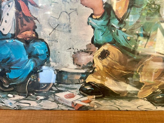 Vintage Teak Framed Certified Art print behind Glass Big Eye Art The Dropouts by Michael Thomas 1969