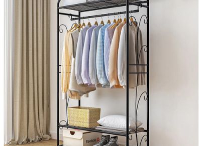 BRAND NEW Black Metal Garment Rack Stand for Bedroom with Storage Shelves 2 Shelf
