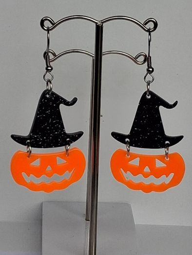 Glitter Witch Hat Jack O' Lantern Pumpkin Earrings