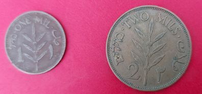 Palestine 1937 1Mls  and 1942 2 Mils Coins