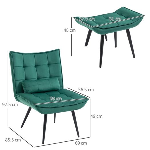 Accent Chair with Footstool Set, Tufted Upholstered Armless Lounge Chair with Pillow and Steel Legs for Living Room, Bedroom, Green