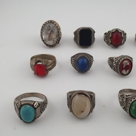Antique Rings Lot 15 Mixed Brass, Stone & Glass Rings
