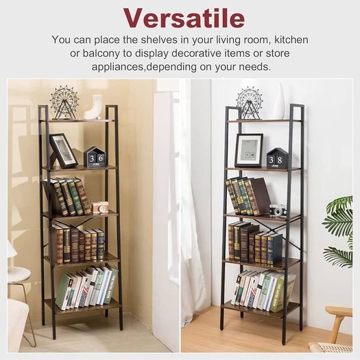 Ladder Shelf, 5-Tier Industrial Ladder Bookcase, Ladder Bookshelf Bookcase for Living Room, Office, Rustic Brown and Black, 56x32x172cm