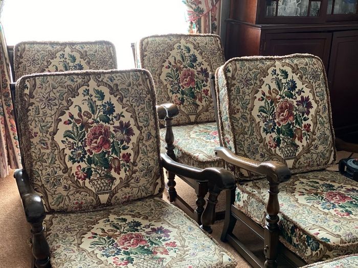 Ercol Victorian Tapestry Revival Old Colonial Yorshire Tall back Armchairs Set