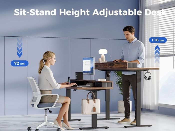 Electric Adjustable Height Desk, with 2 Fabric Drawers, 120x60cm 72-116cm Height, Stable Sit-Stand Standing Desk w. 2 Memory Buttons, Computer Desk for Home Office, 2 pcs Desktops, Brown