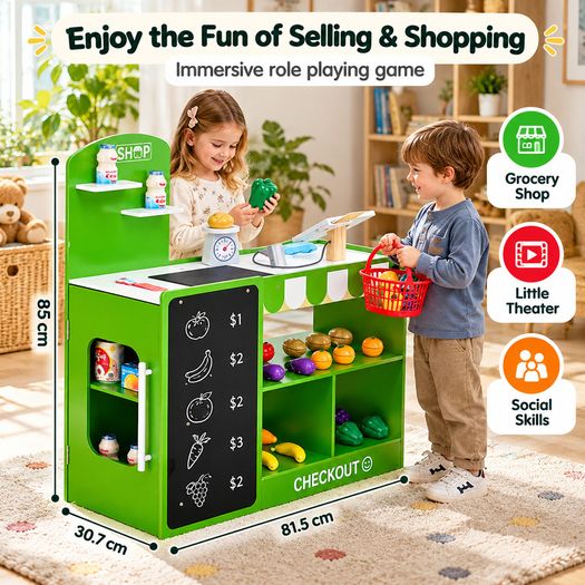 Kids Wooden Grocery Store Playset with Checkout Counter, Conveyor Belt and 35 Accessories