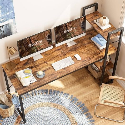NEW SALE | Computer Desk with Storage Shelves Writing Desk with Shelves 160CM Reversible Computer Desk with Bookshelf for Home Office Small Space