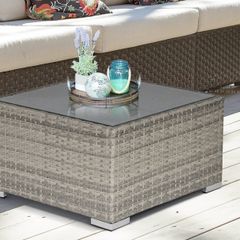 Square PE Wicker Rattan Table, with Glass Top - Light Grey
