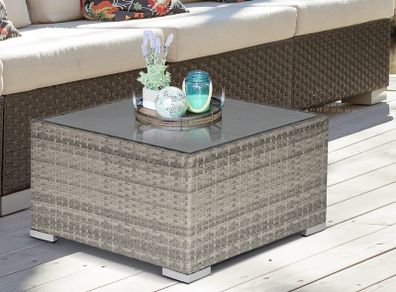 Square PE Wicker Rattan Table, with Glass Top - Light Grey