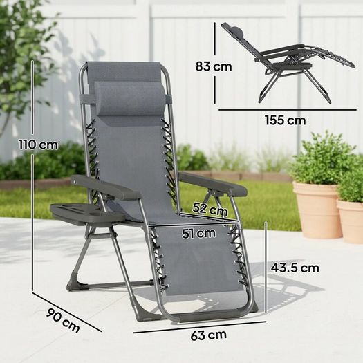 Zero Gravity Chairs Set of 2, Folding Sunloungers Reclining Garden Chairs with Cup Holder, Headrest, Dark Grey