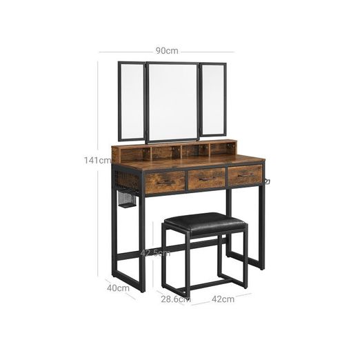 Dressing table with 3-piece folding mirror and stool  dressing table, dressing table with 3-piece folding mirror, hairdryer holder, cosmetic table with upholstered stool, 3 drawers, industrial design, vintage brown-black