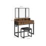 Dressing table with 3-piece folding mirror and stool  dressing table, dressing table with 3-piece folding mirror, hairdryer holder, cosmetic table with upholstered stool, 3 drawers, industrial design, vintage brown-black Image 5