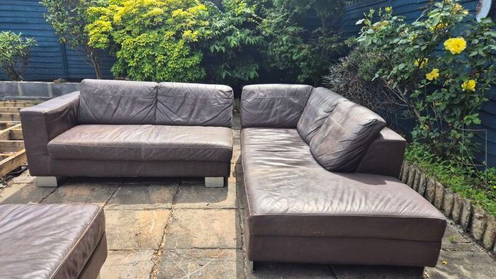 Premium Dark Brown Leather Corner Sofa & Matching Storage Ottoman