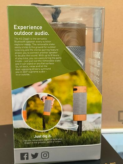 KitSound KS DIGGIT Diggit Outdoor Freestanding Bluetooth Garden Speaker with Removable Stake, Silver/Wood (New)