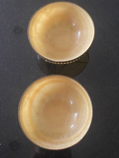 Pair of  beautiful Minnie Peters polished stone and  gilt metal matching dishes