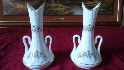Claddagh China Pair Of Two Handled Floral Vases Made In Galway Ireland