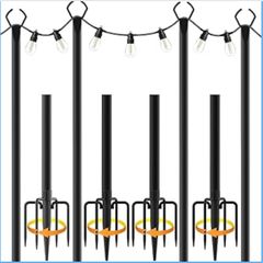 4pack 3M String Light Pole, Metal Outdoor String Light Pole, Suitable for Courtyard,Backyard,Garden,Patio,Party,Wedding Hanging Light Pole,Rustproof and Sturdy with Hooks.