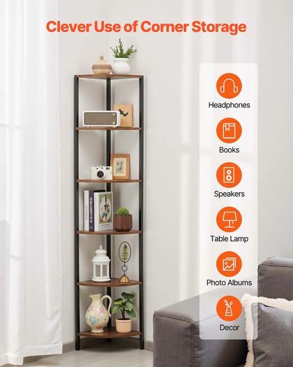 6 Tier Corner Shelf with LED Light Metal Frame Wooden Shelves Storage Organizer Rack